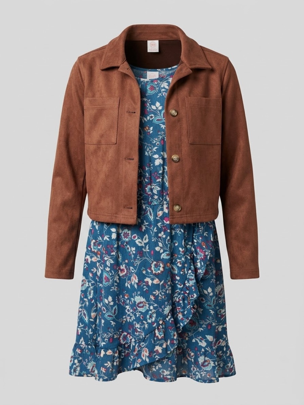 Wondernation Girls Fall Outfit Set: Blue Floral Dress & Brown Faux Suede Jacket